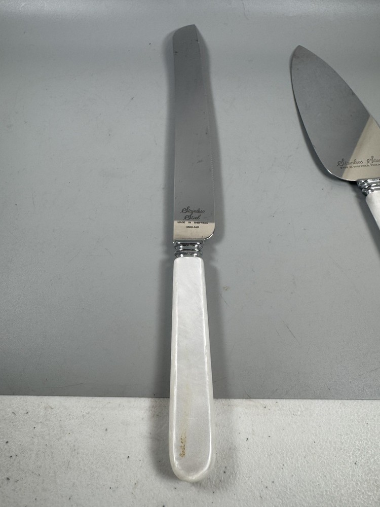 Sheffield England Cake Knife & Server Set, Plastic Pearl Handles, 12”