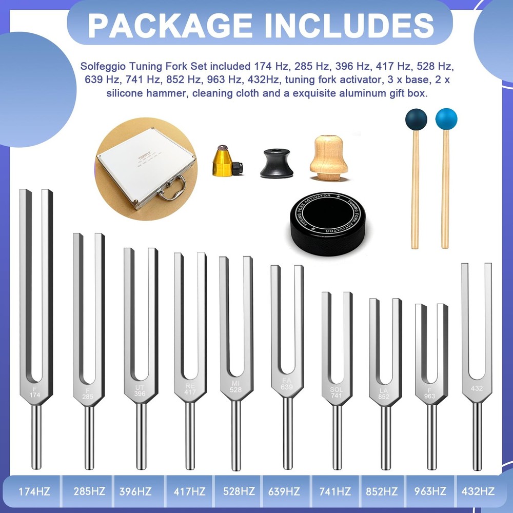 Solfeggio Tuning Fork Set - 10 Silver Tuning Forks Perfect for DNA Healing wi...