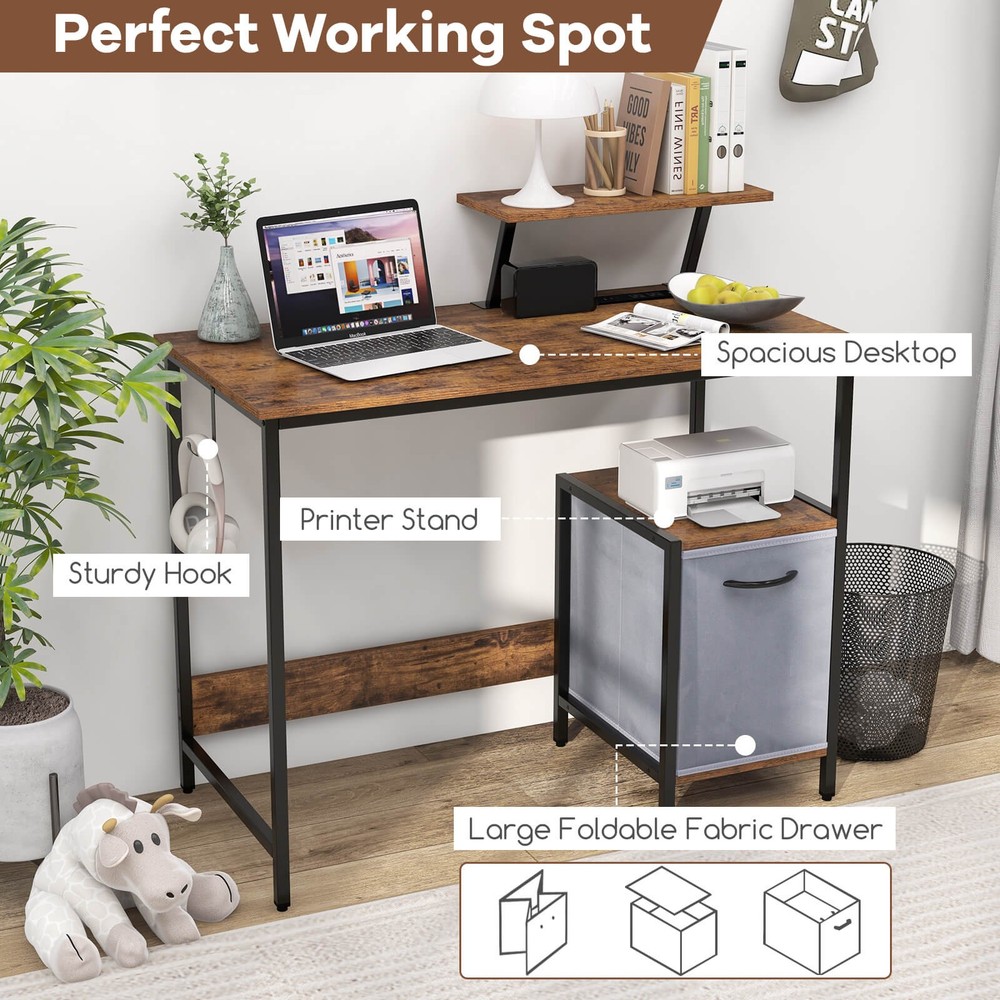 Costway Computer Desk Writing Workstation Home Office w/ Storage Rack & Shelf