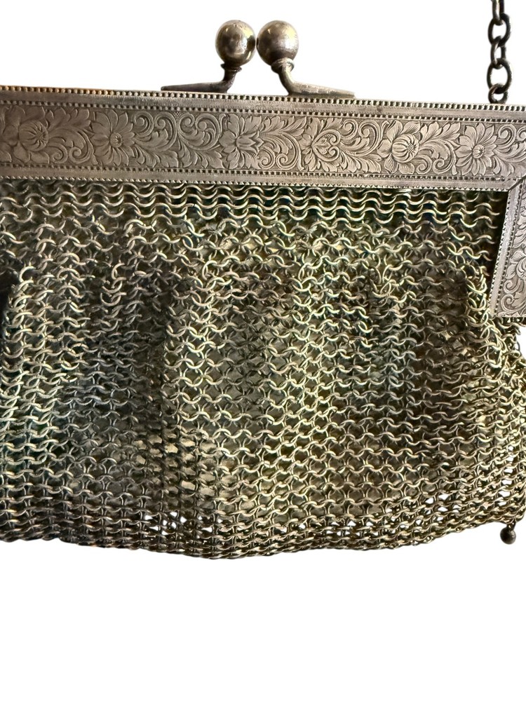 Antique German Silver Chain Mail Link Flapper Metal Mesh Bag Purse