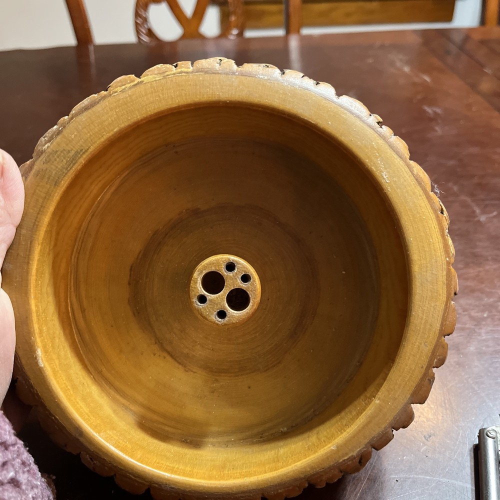 Vintage Solid Tree Bark Nut Bowl with 1 HMQ Nutcracker & 4 picks Cloth Bottom