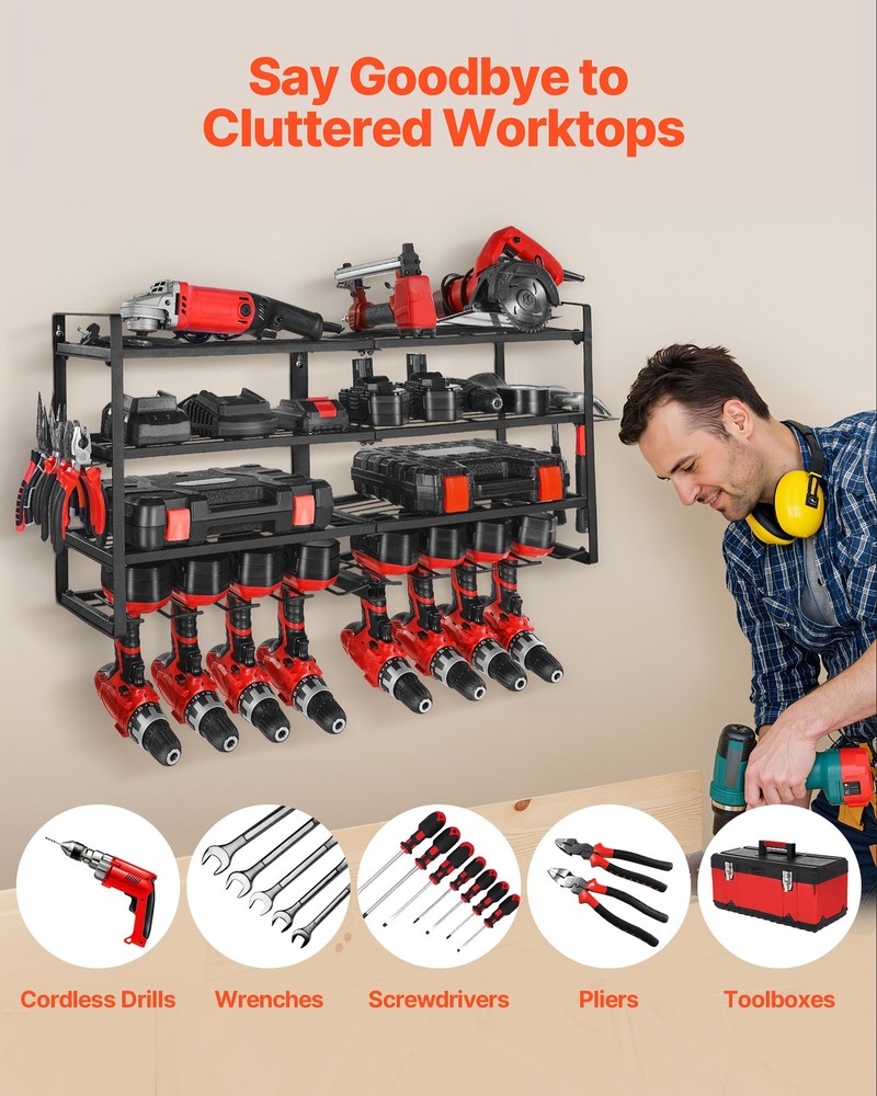 VEVOR Power Tool Organizer Wall Mount 4-Layer Tool Storage Rack 8 Drill Holders