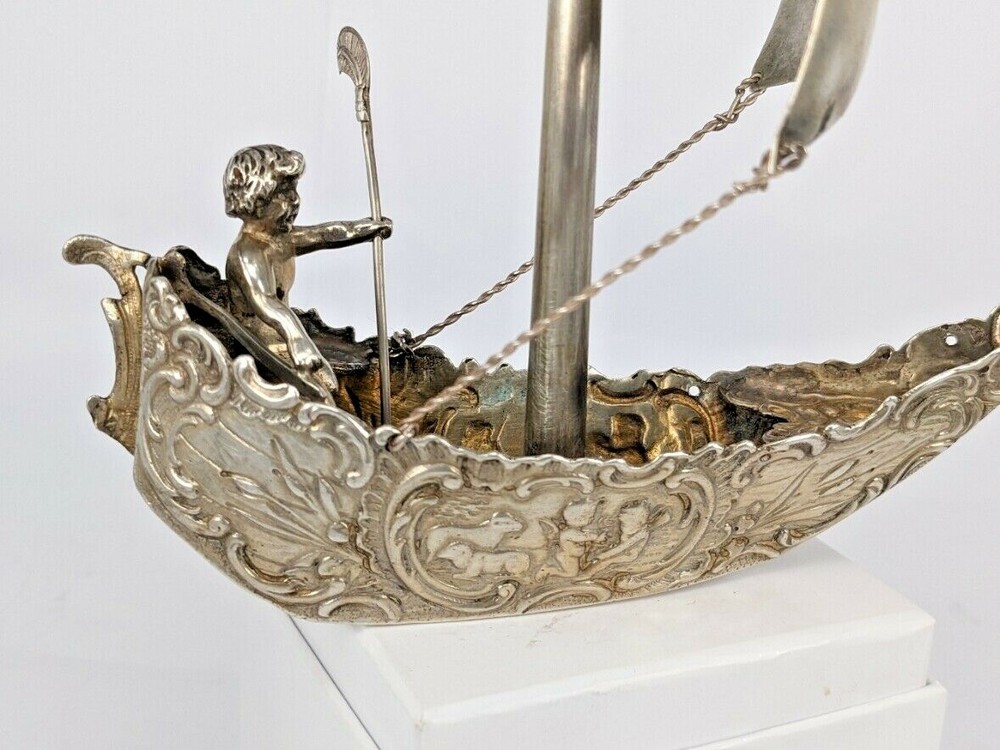 Miniature Hanau solid silver cherub sail boat Circa 1900
