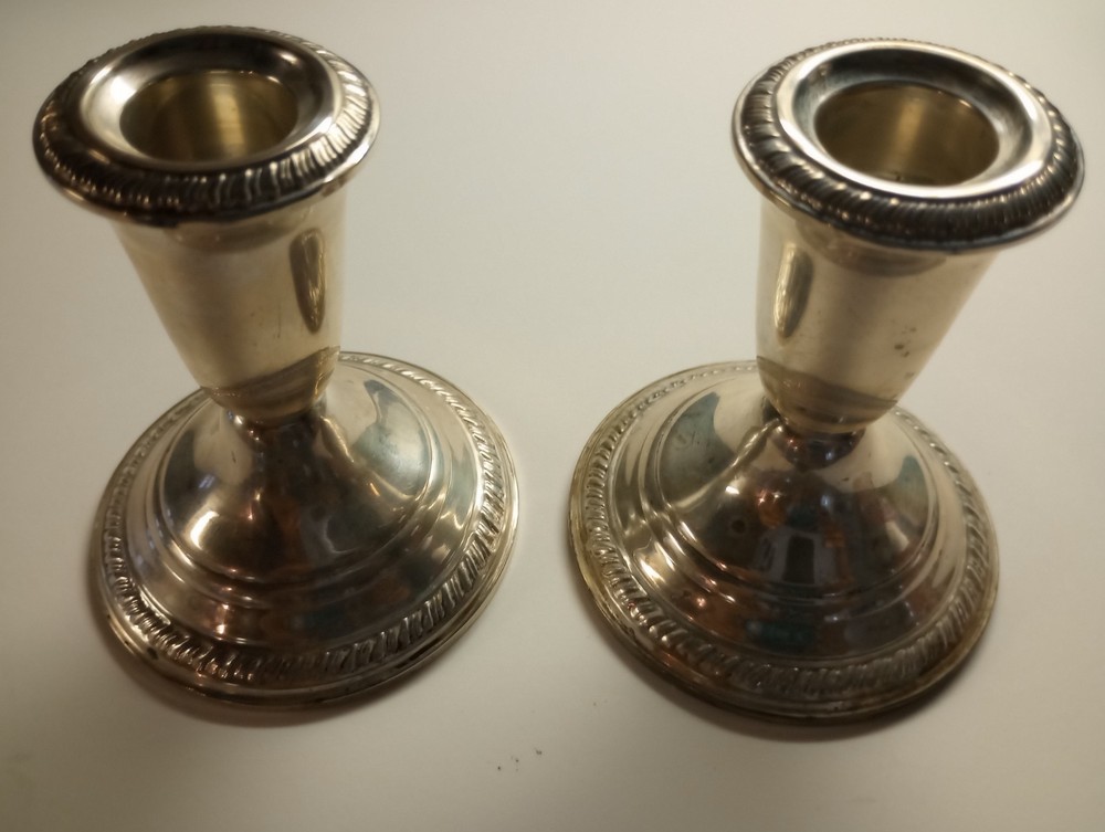 (TWO) Antique Crown Sterling Silver Weighted Candlesticks