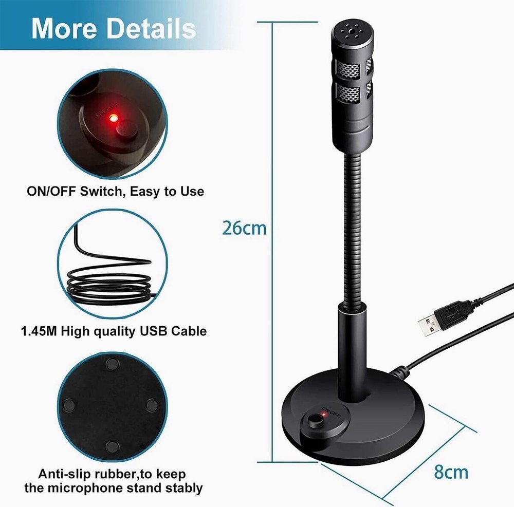 USB Computer Microphone, 1.5M USB Cable, Mute Button, Black | 360° Flexible