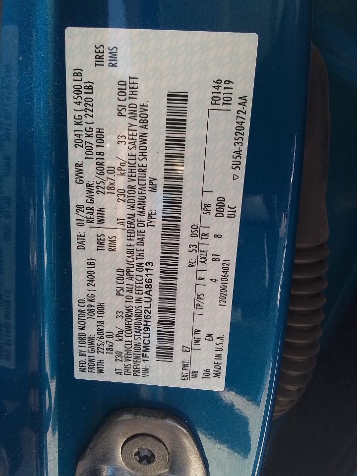 2020 Ford Escape Front 8.0" Display Screen