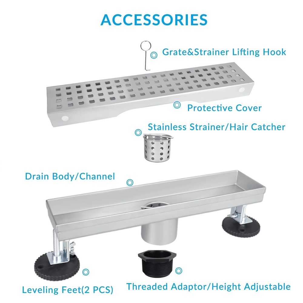 32" Removable Cover Linear Shower Drain, 304 Stainless Steel Rectangular Floor