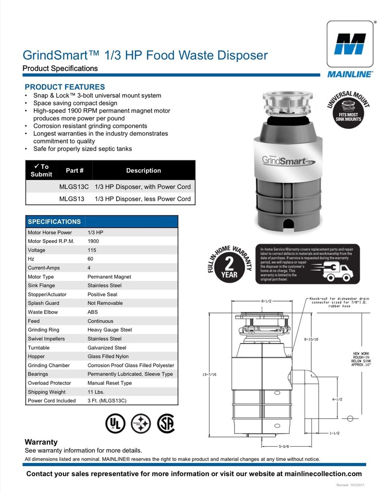 Garbage disposal mainline grind smart 1/3 Hp (MLGS13)
