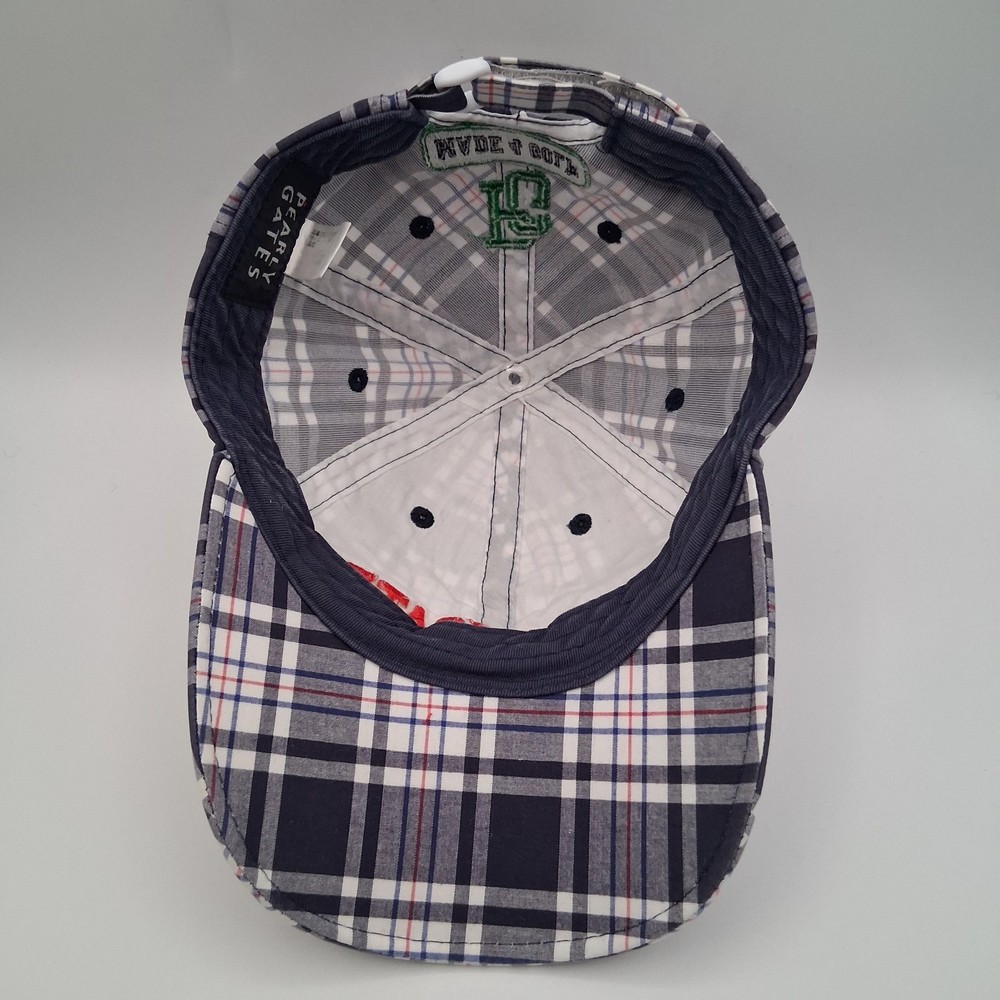 Pearly Gates Golf Hat Cap Strap Back Plaid Gray White Blue Red Script Shield 89