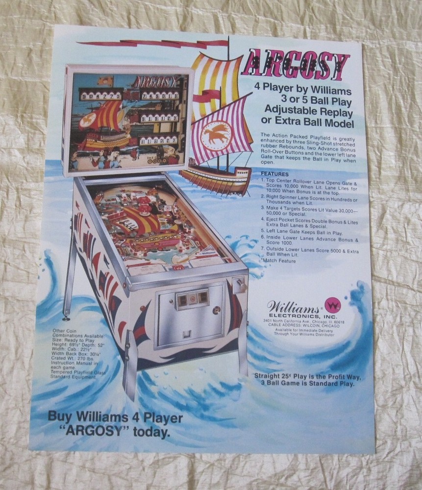 1977 WILLIAMS ARGOSY PINBALL FLYER