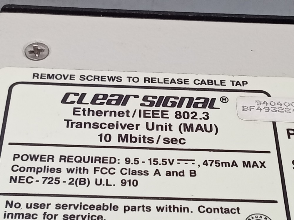 INMAC CLEAR SIGNAL ETHERNET / IEEE 802.3 TRANSCEIVER UNIT