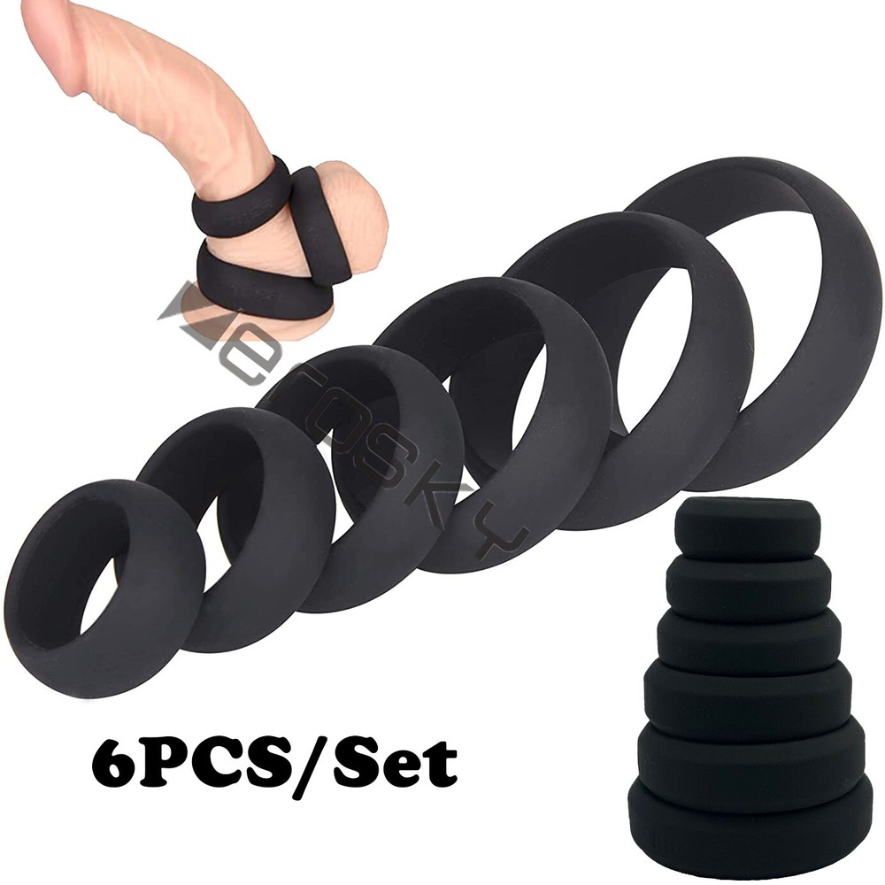 6PCS Men-Scrotum-Squeeze-Ring-Chastity-Ball Stretcher Enhancer Delay Ejaculation