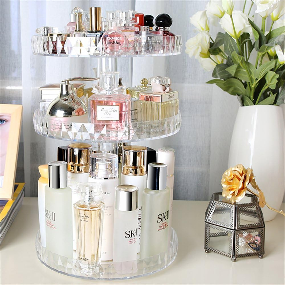Diamond Pattern Three Layers Perfume Organizer, 360 Rotating Diamond Cosmetic St