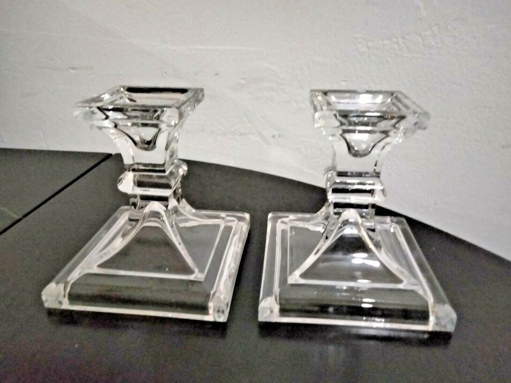 2 Vintage Lead Crystal Clear Candle Stick Holders Rectangular 5" tall Deluxe 1