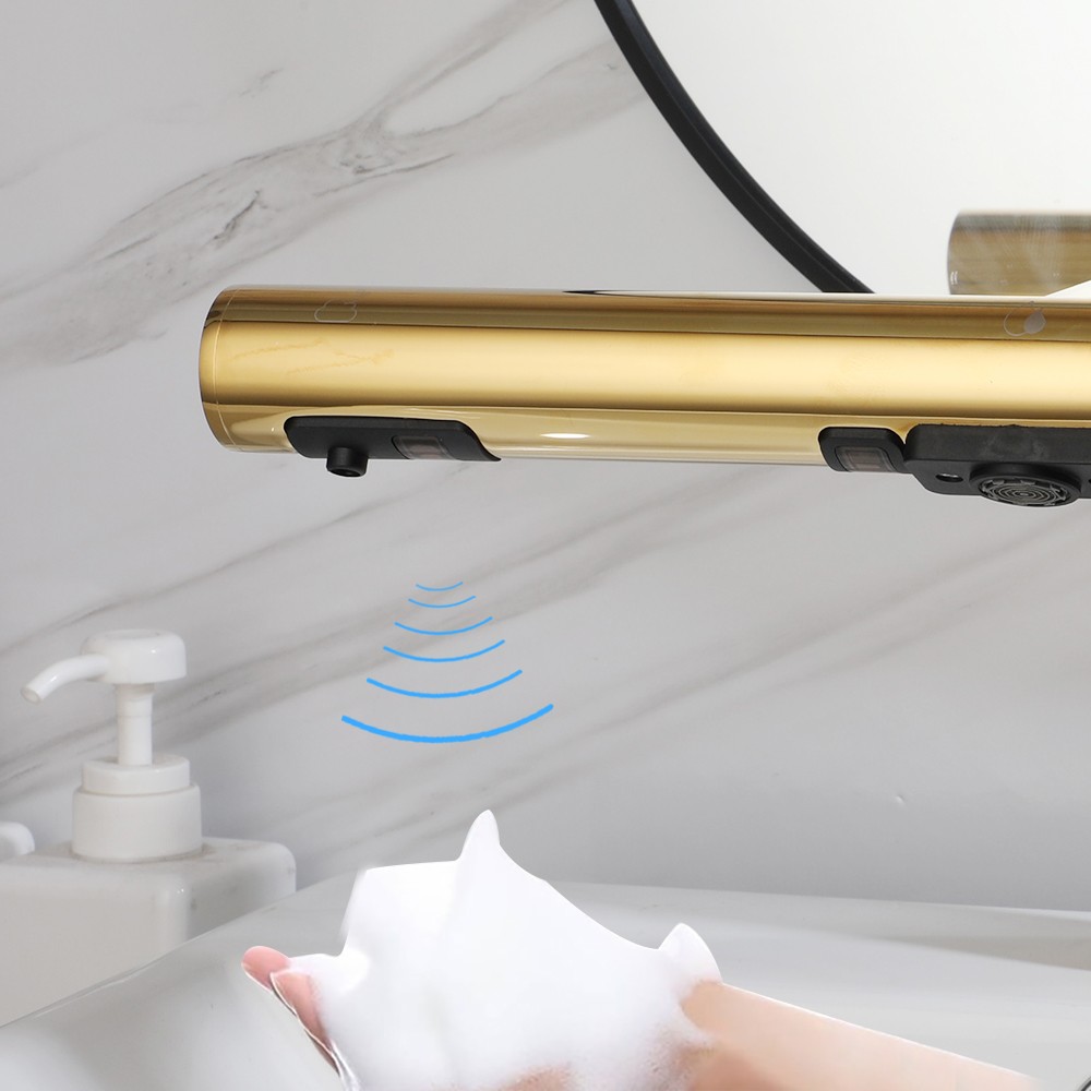 Gold Deck Mount Bathroom Sink Automatic Sensor Faucets Soap Dispenser Hand Dryer