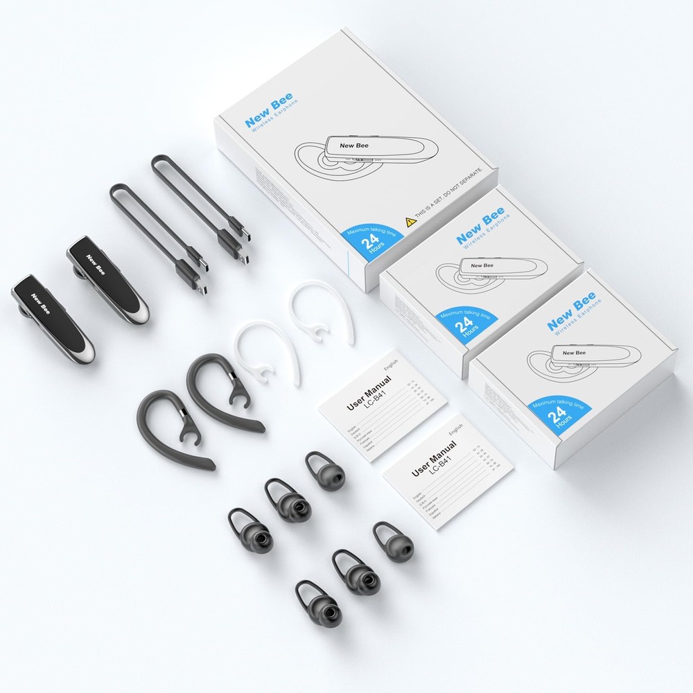 [2 Pack] Bluetooth Earpiece Wireless Handsfree Headset V5.0 24 Hrs M, Black