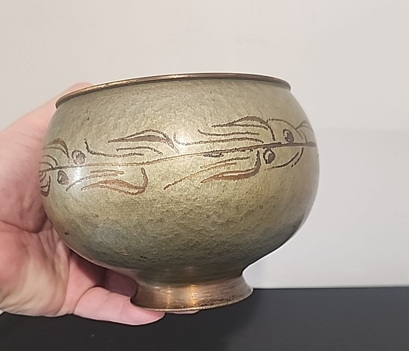 UNIQUE OPPENHEIM FOOTED BRASS ENAMEL BOWL