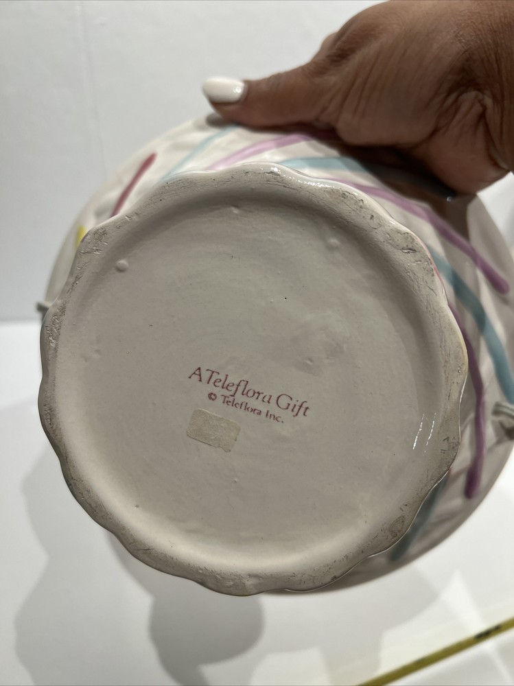 Vintage Basket Planter White Ceramic Pastel Stripes & Handle Easter Spring
