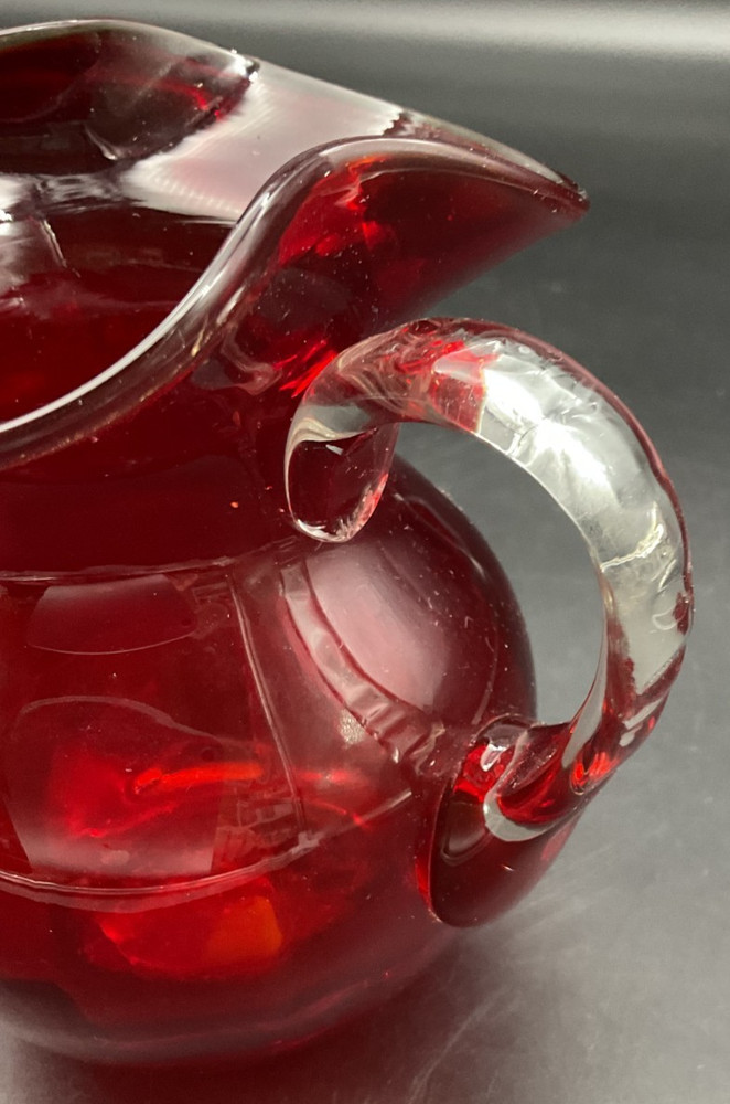 MCM Handblown Ruby Red Ruffled Clear Glass Handle Pitcher 5"