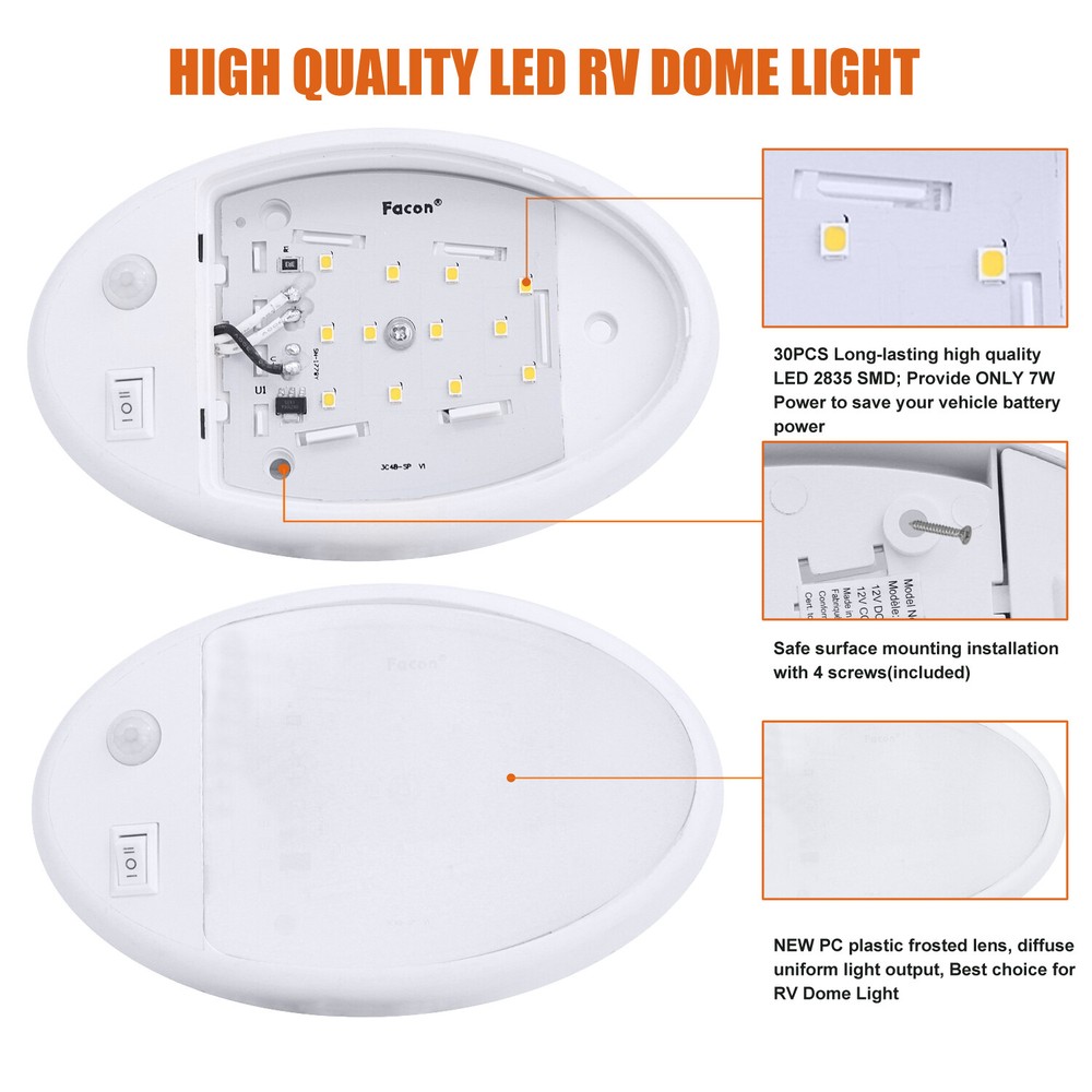 Facon RV 12V LED Dome Light w/Switch & Motion Sensor for Camper Trailer Boat RV