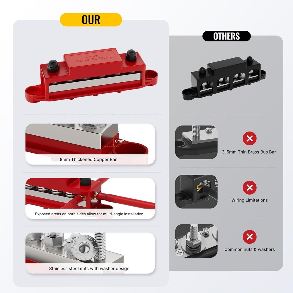 400A 12V Bus Bar Power Distribution Block with 6 Terminal Studs