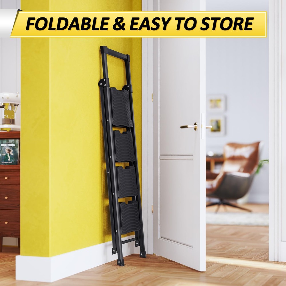KINGRACK Step Ladder 4 Folding, 900lbs 4 4-step with handrail, Black