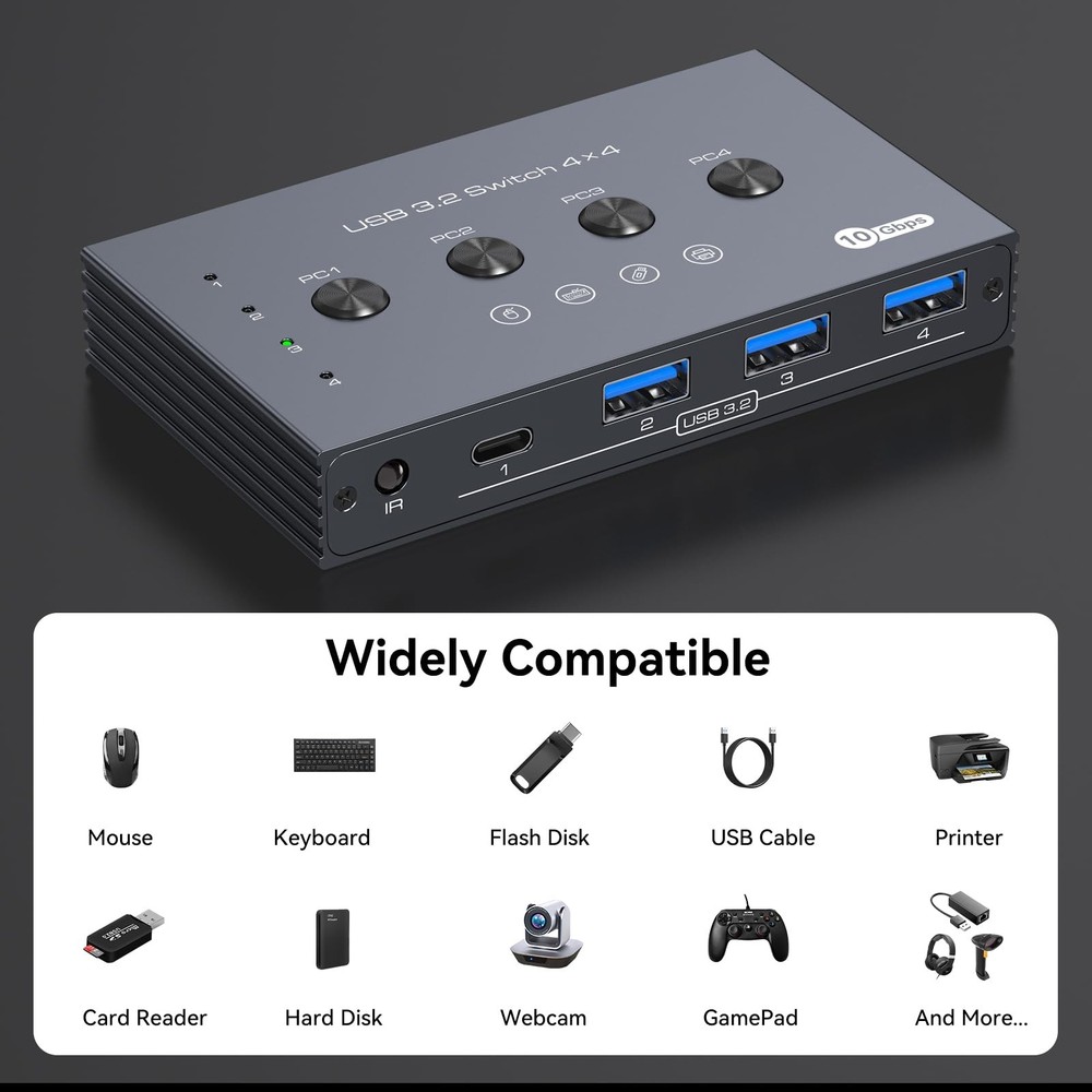 10Gbps USB 3.2 Switch 4 Computers Share 4 Peripherals 4 Port USB Switcher for...
