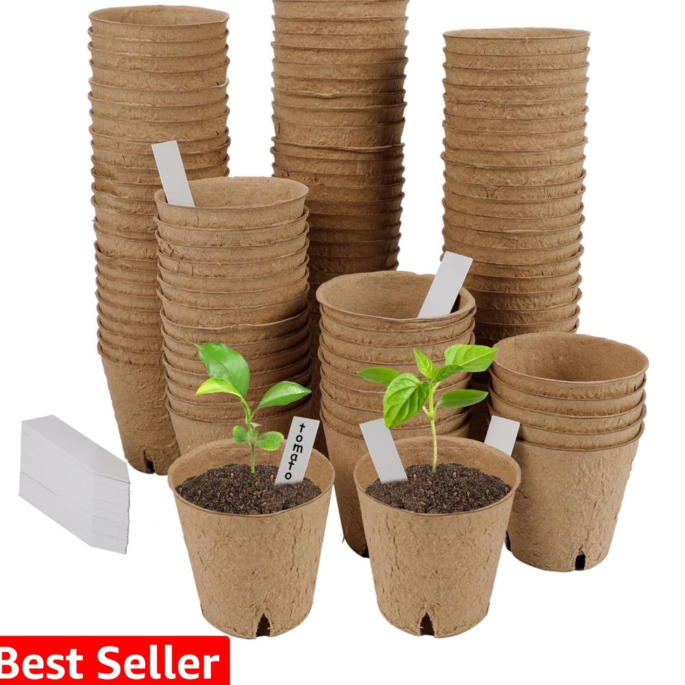 100 Pack Seed Starter Tray Kit, Biodegradable Peat Pots for Seedling with 100...