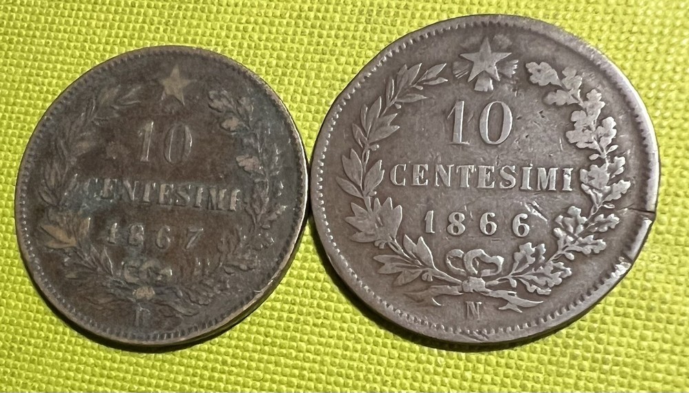 1866, 1867 Italy 10 Cent Coins