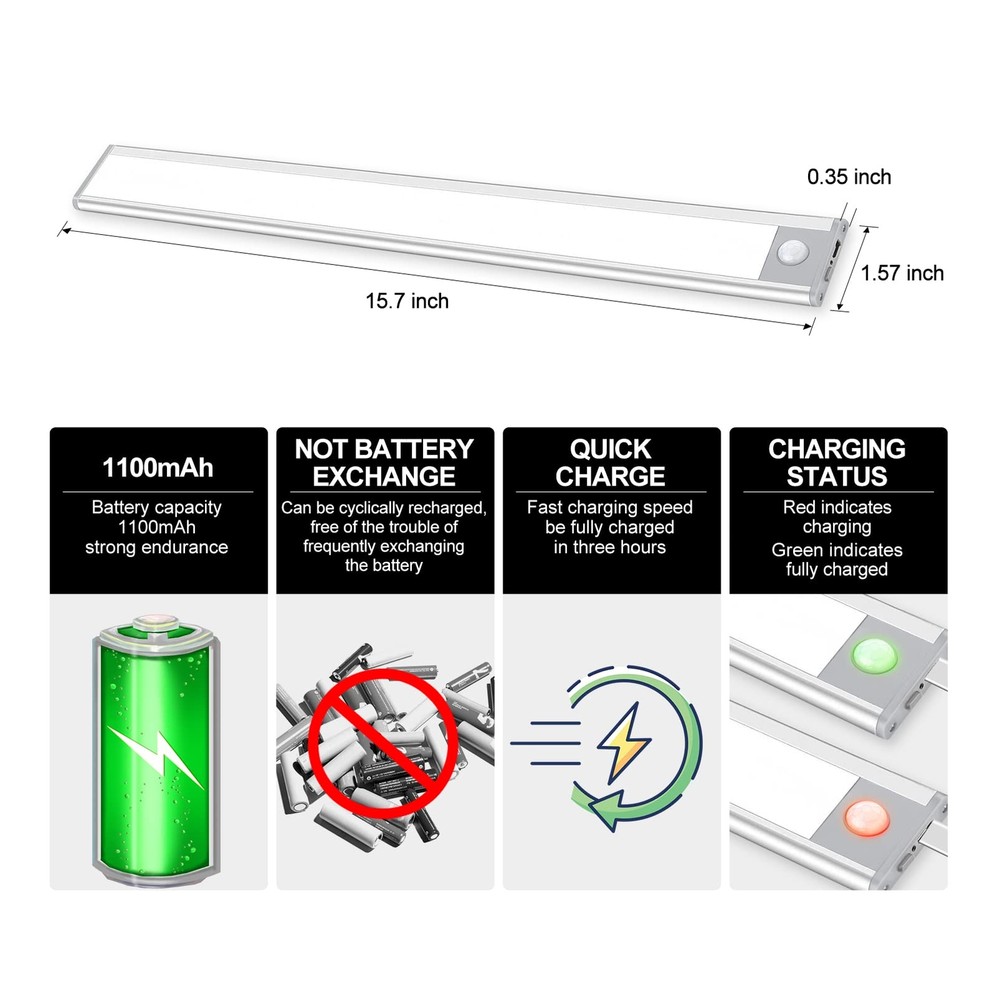 70-LED Motion Sensor Cabinet LightUnder Counter Closet Lighting Wireless USB ...