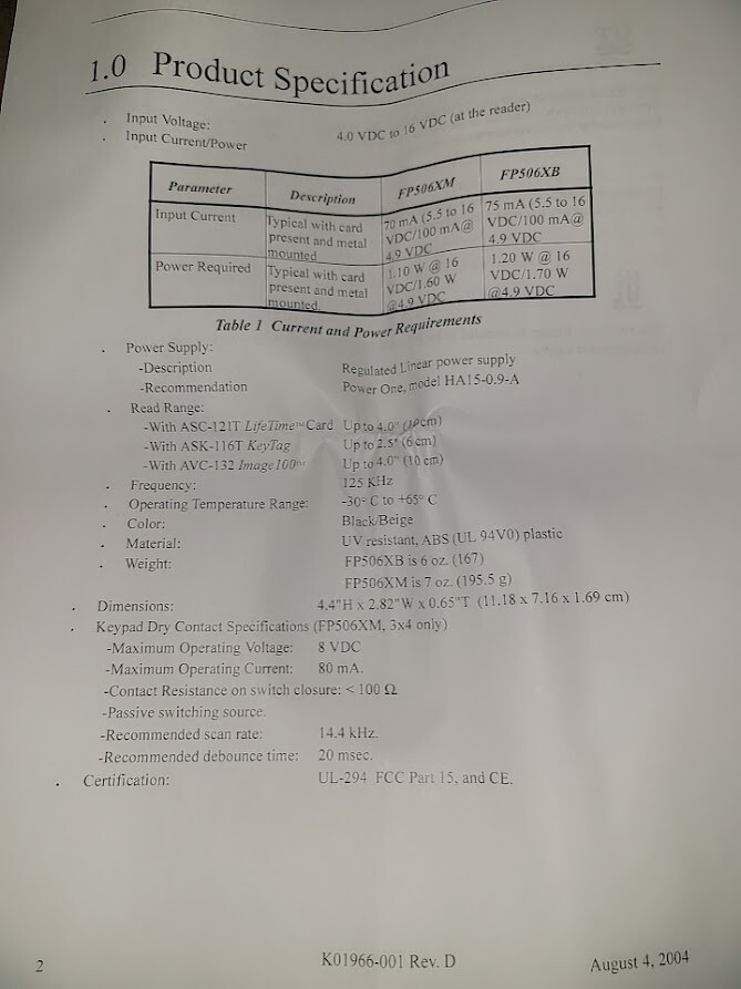 INDALA FlexPass FP5061M+/10022 26BitWiegand-1L Standard 26 bit Reader, Matrix
