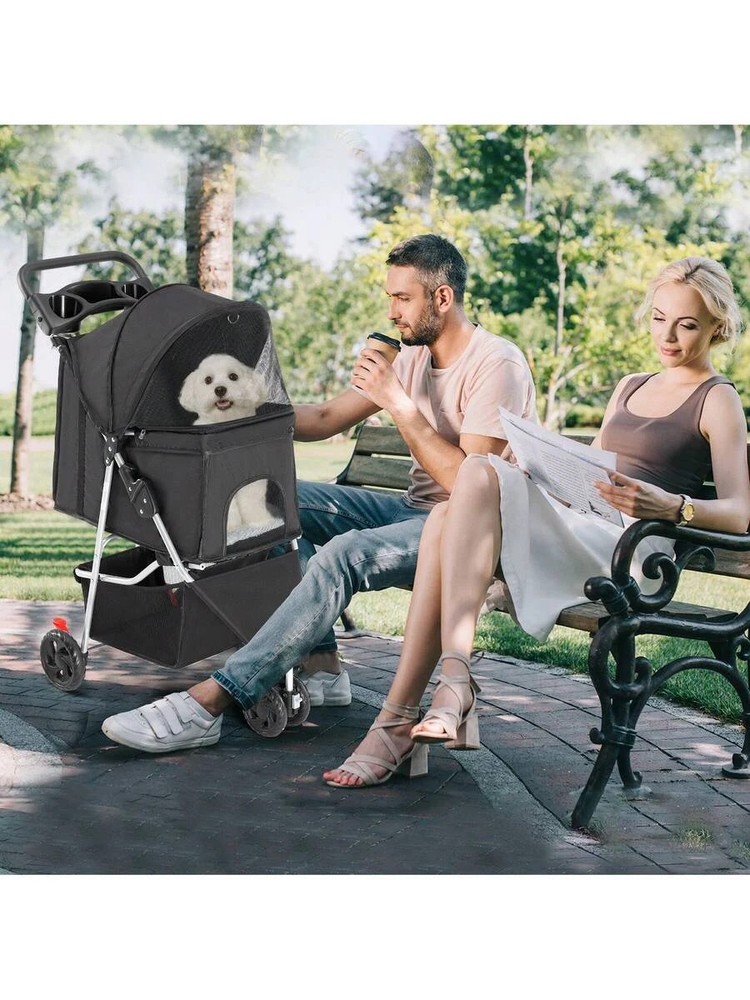 3 Wheels Pet Stroller Cats Dog Strollers Storage Basket Cup Holder