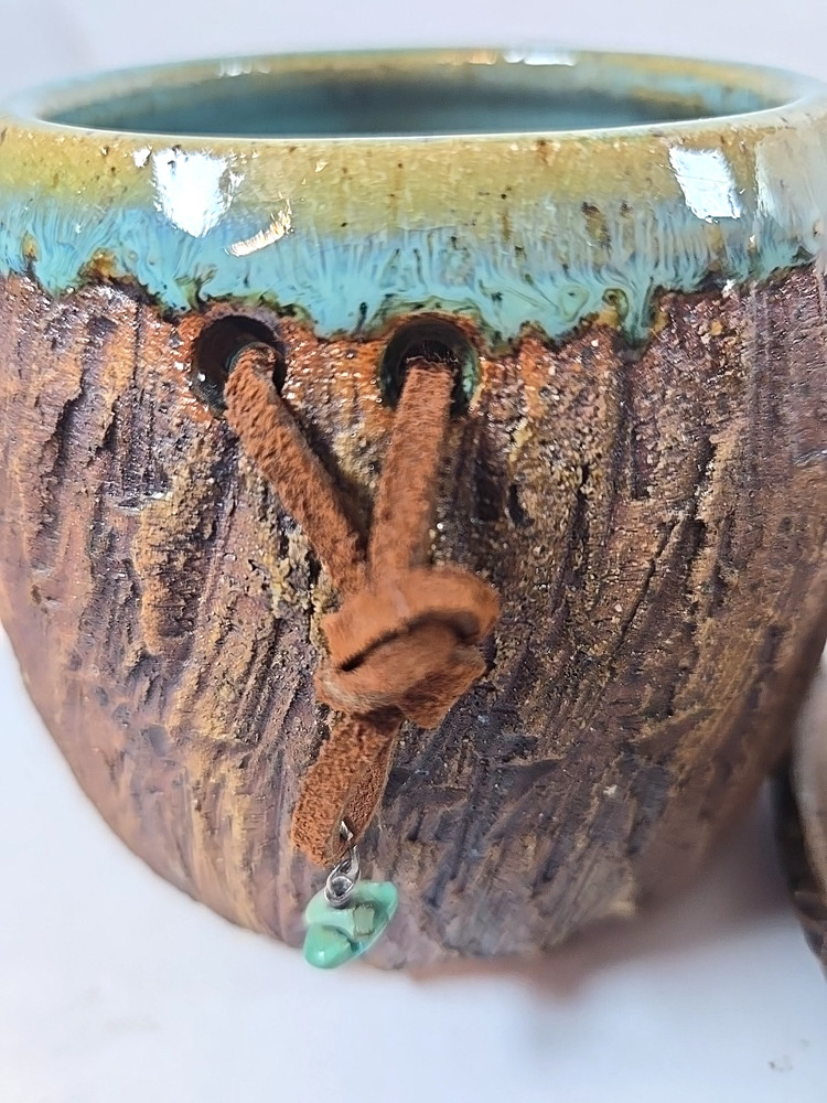Studio Art Pottery Butter Bell Crock Stoneware Rustic Tree Design Aqua Interior