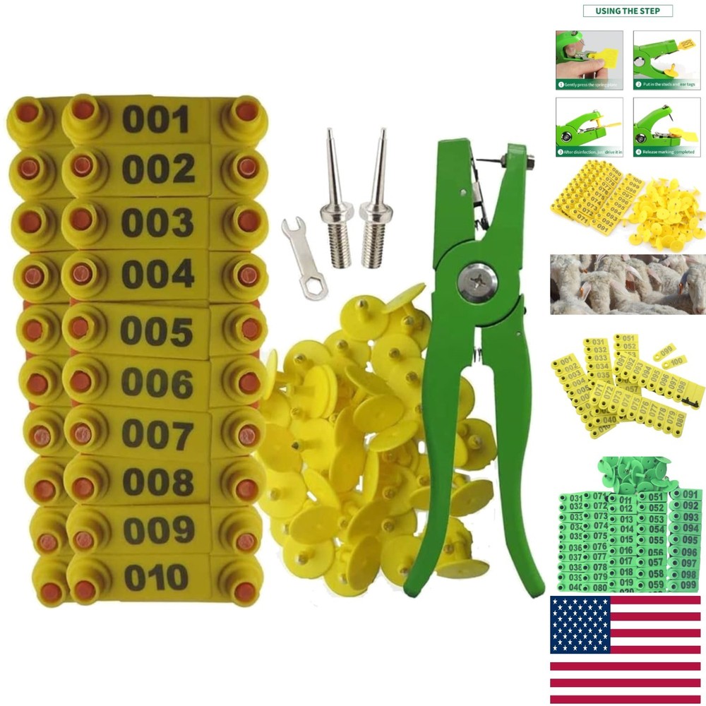 Durable Yellow Goat Ear Tags with Applicator – 001-100 Numbered Identification