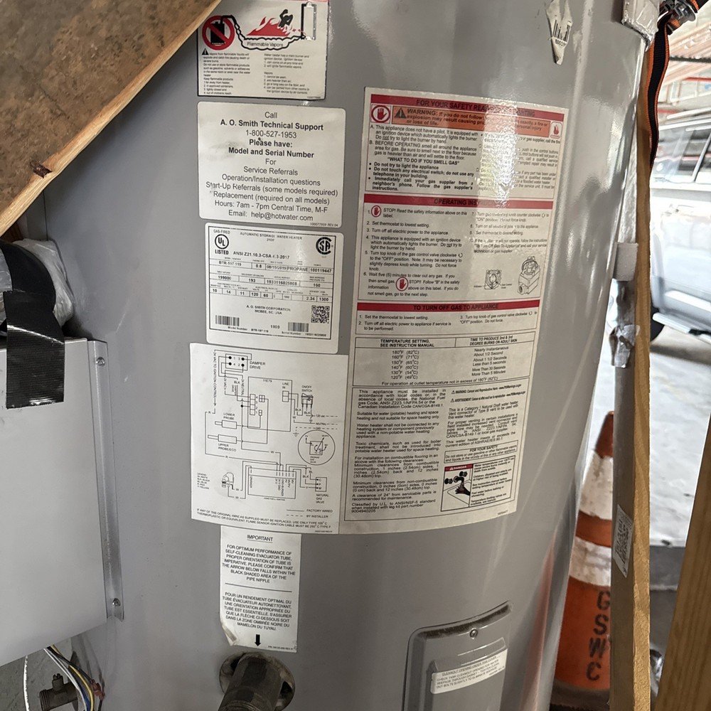 A O Smith 100 Gallon Propane Commercial Water Heater