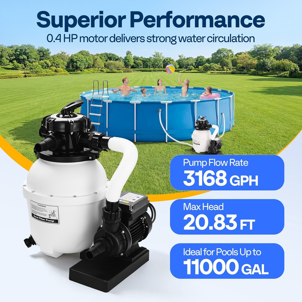 12'' Sand Filter Pump 3168GPH 0.4HP Above Ground Pool Filter System 6-Way Timer
