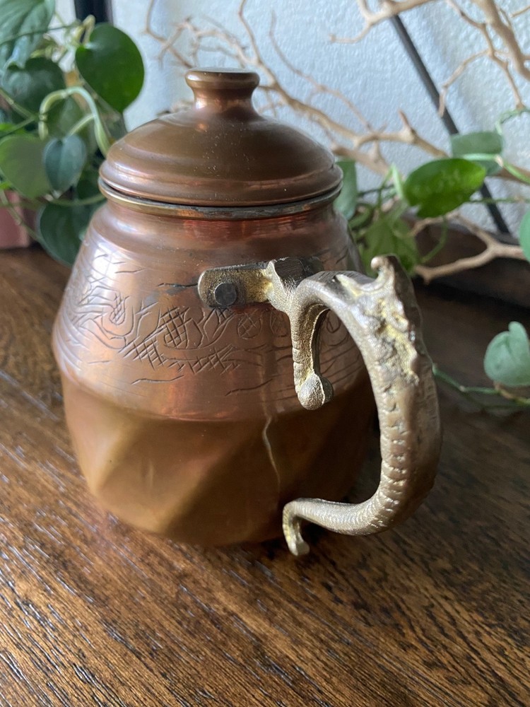 Vintage Etched Copper Tea Pot Kettle With Brass Handle