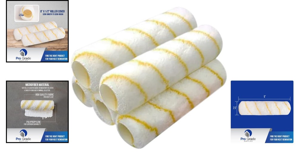 Professional Quality 5-Pack Microfiber Paint Roller Covers, 1/2" Nap, 9" Size