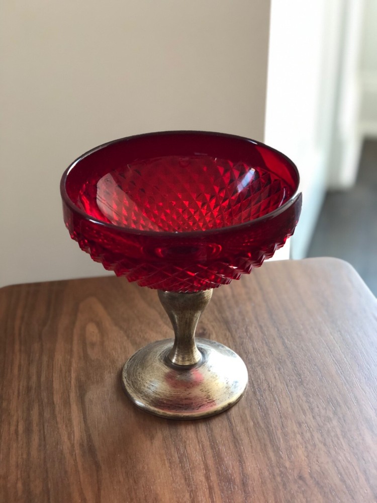 Vintage Alvin Sterling Silver and Ruby Diamond Point Serving Bowl