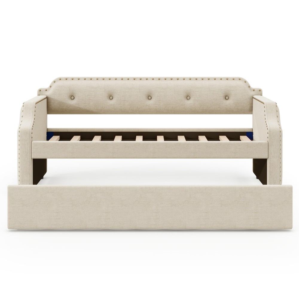 Reinforced Frame Twin Size Upholstered Daybed with Functional Trundle