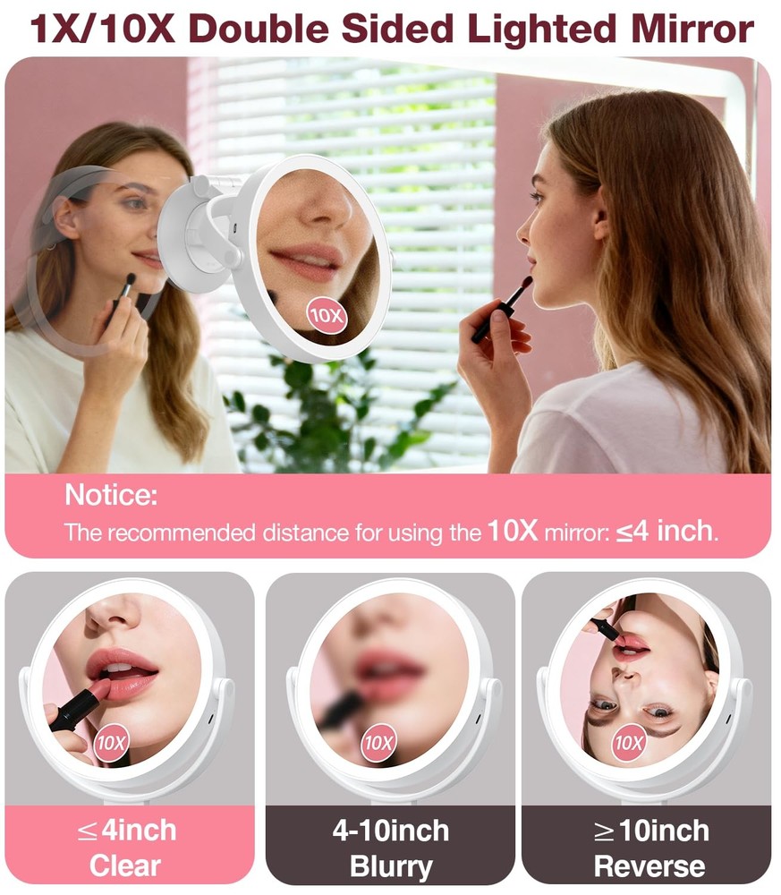 Suction Cup Magnifying Mirror with Light 10X, Wall Mounted Makeup Mirror with...