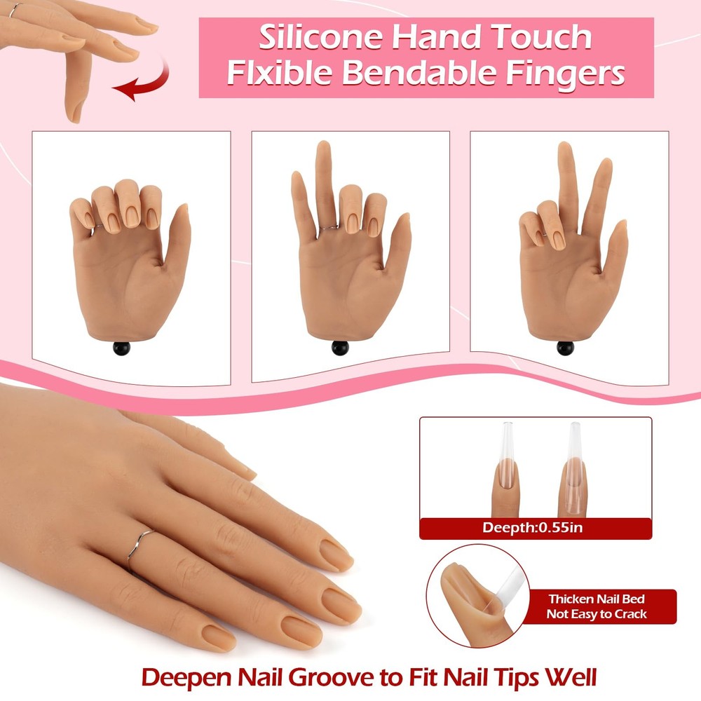 Acrylic Nail Practice Hand - Flexible Silicone Mannequin for Beginners Training