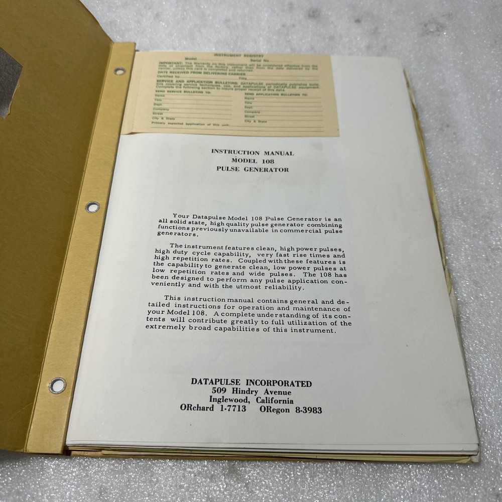 Datapulse Model 108 Pulse Generator Instruction Manual