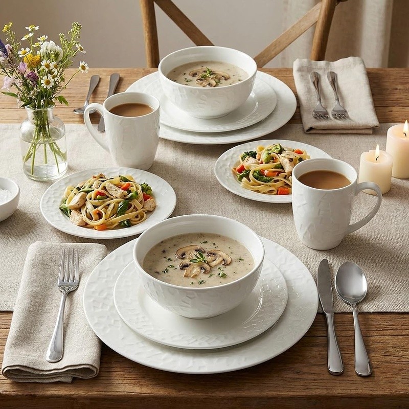 16 Piece Bone China Dinnerware Set Elegant Embossed Design Dining Table New