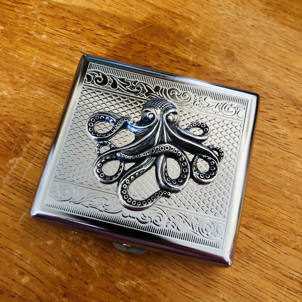 Octopus Cigarette Case RDIF Wallet & Business Card Stash Box Silver Chrome