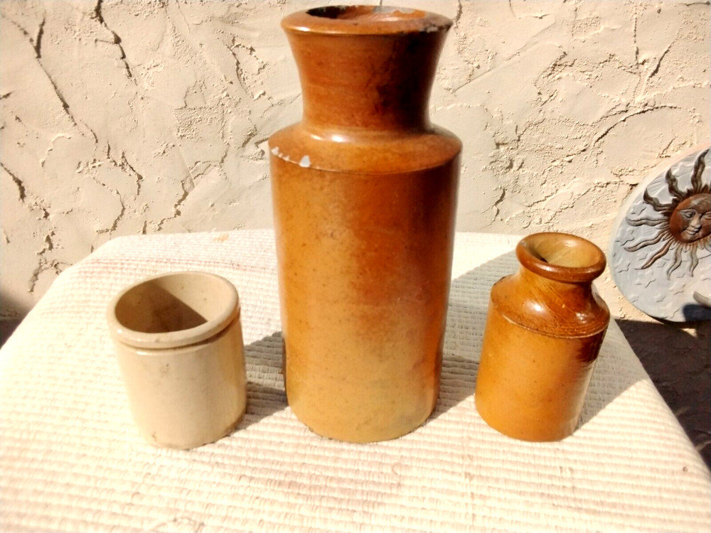 3 SMALL ANTIQUE STONEWARE BOTTLES JARS