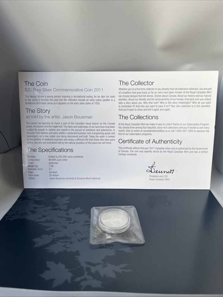 2011 Canada $20 Pure Silver Commemorative Coin- Canoe- Limited Issue.
