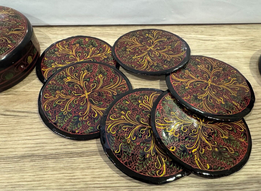 Six Lacquerware Coasters in Round Lacquerware Container