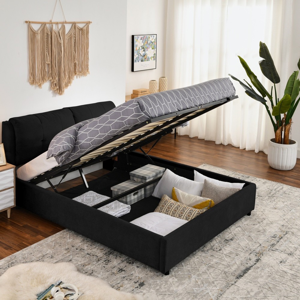 Queen/King Size Upholstered Platform Bed Frame w/ Hydraulic Storage System