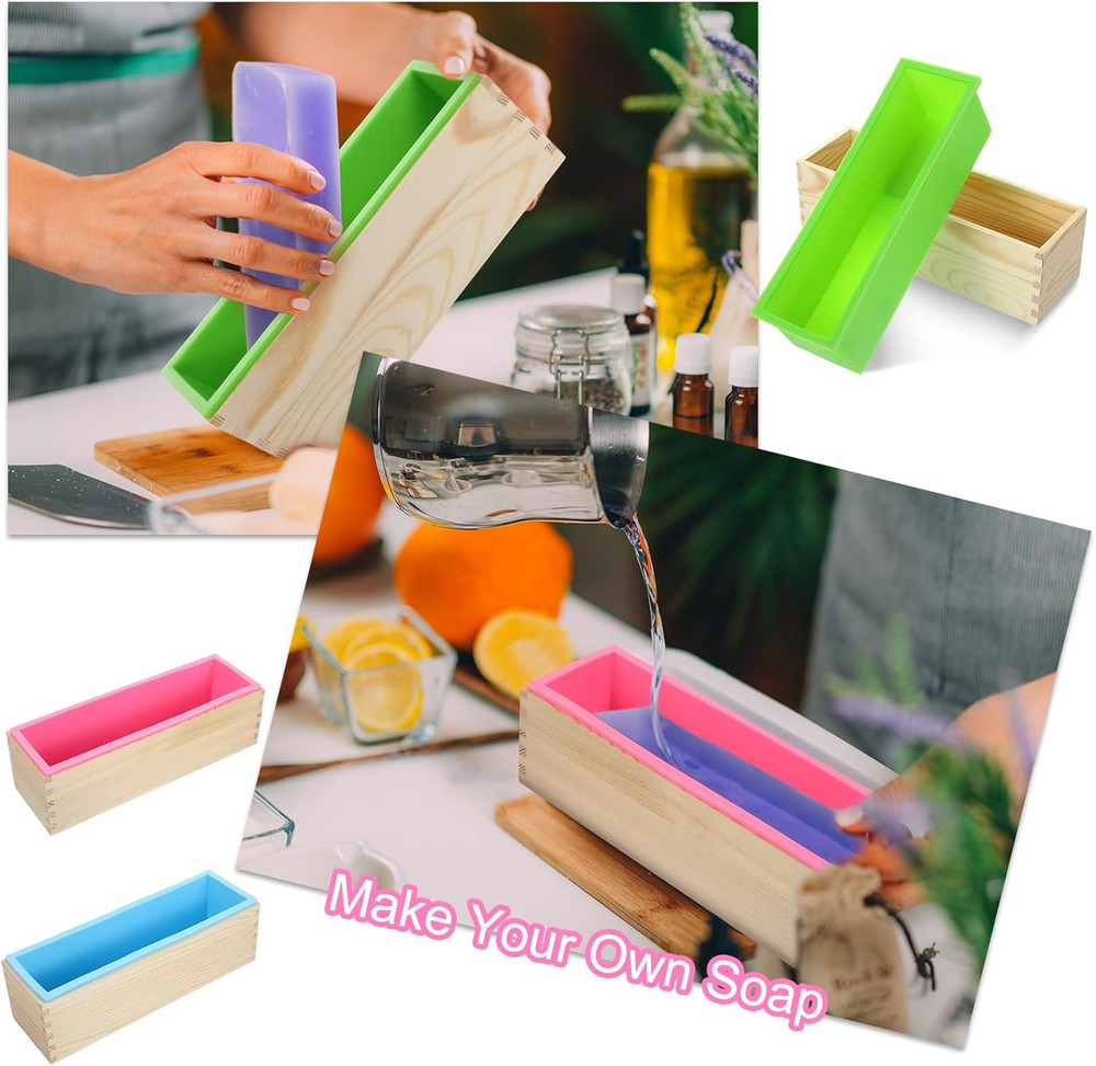 3 Pcs Soap Making Molds with Wood Box Tray, Flexible Rectangular Silicone Soap M